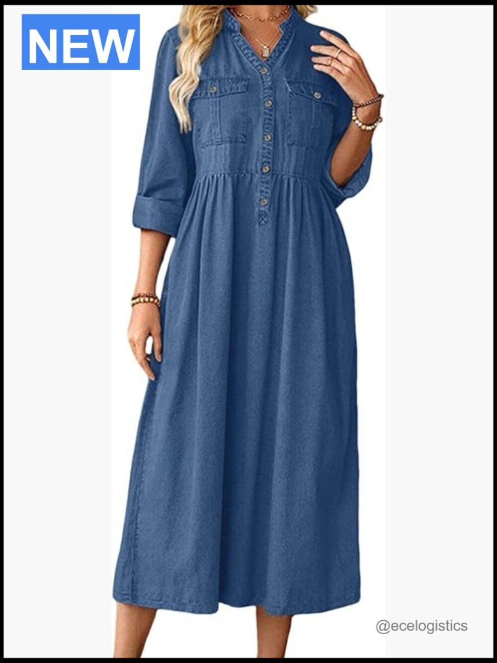 V Neck High Waist Midi Denim Dress Long Sleeve A Line Button Down Jean Dress